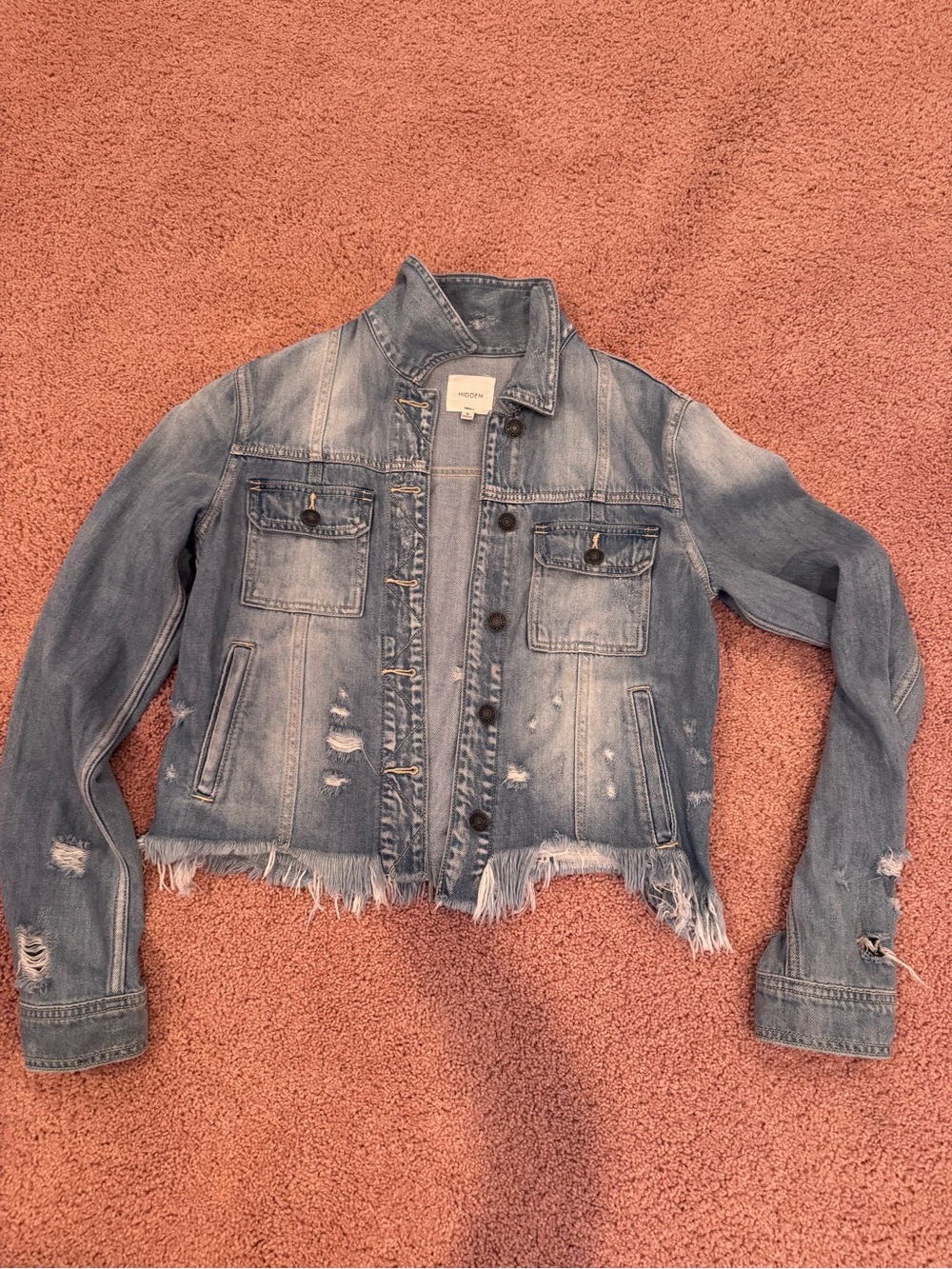 Frayed Hem Distressed Denim Jacket - Light Blue
